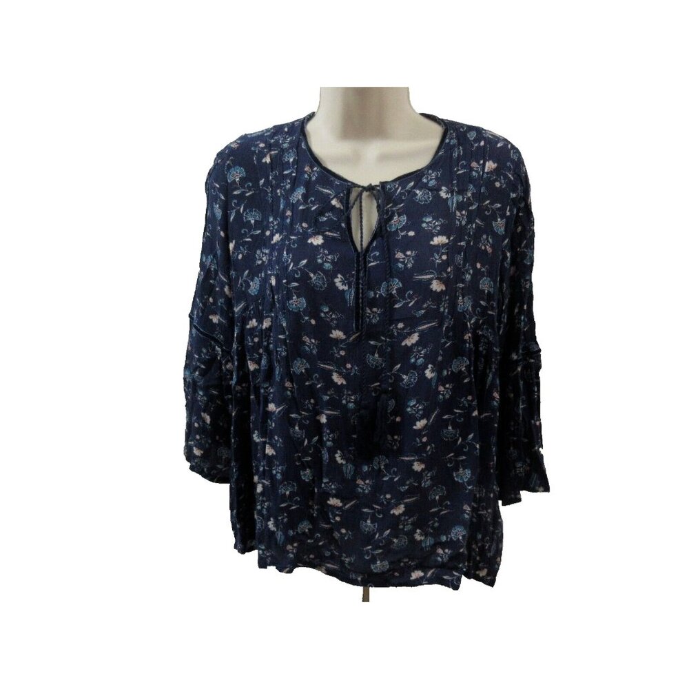 New Directions Womens Size PL Blouse Blue Floral Bell Sleeves V-Neck Tassel Tie